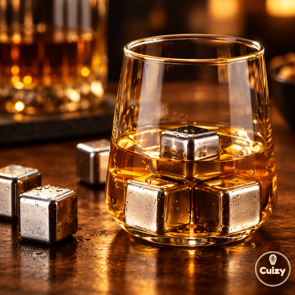 Pierres à whisky inox refroidissant un verre de whisky