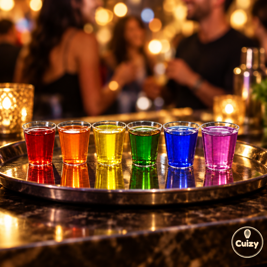 Verres à shot remplis sur un plateau de bar
