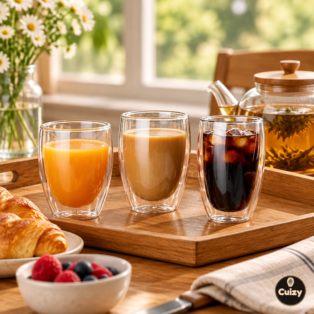 Tasses en verre double paroi sur plateau de petit-déjeuner