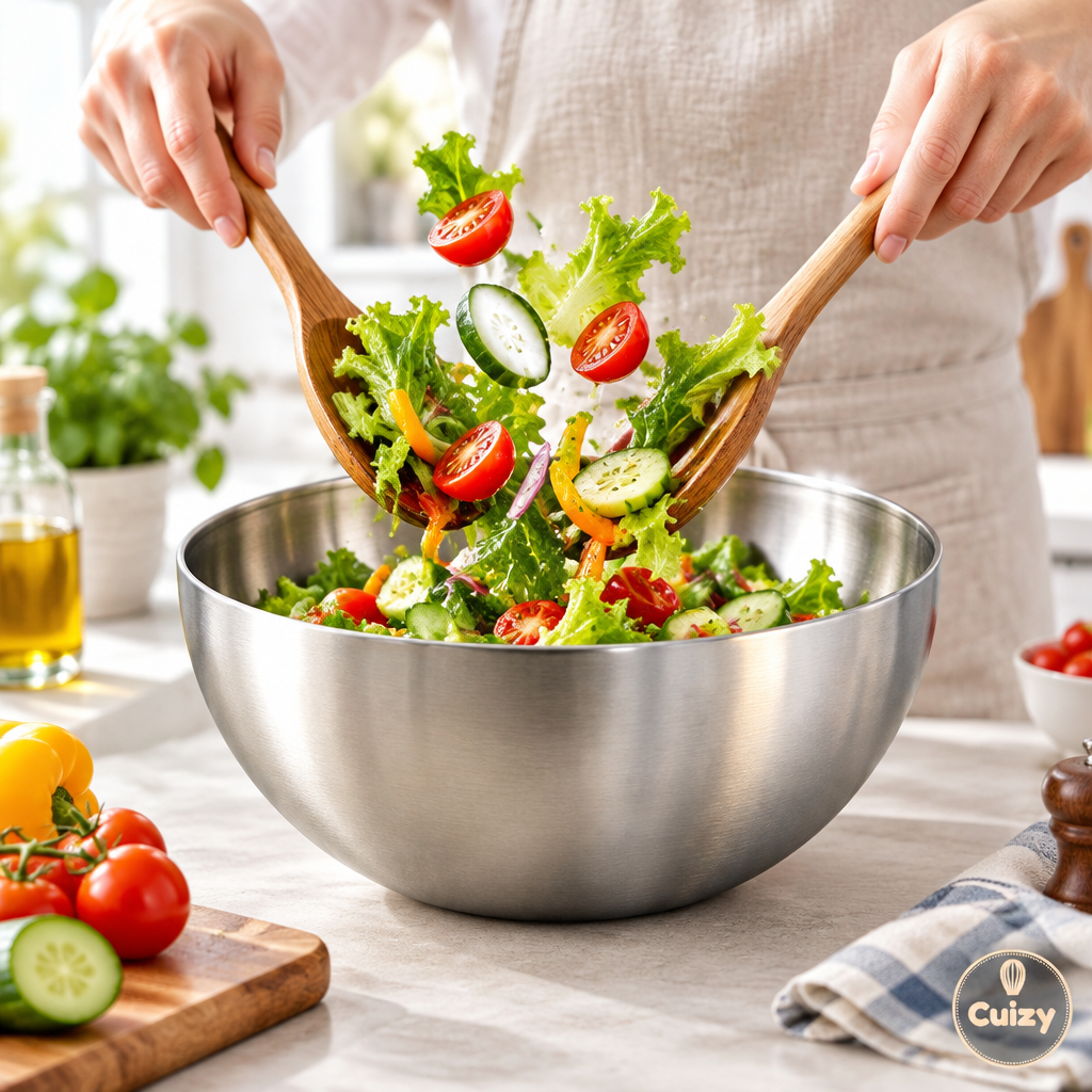 Saladier en inox avec salade fraîche