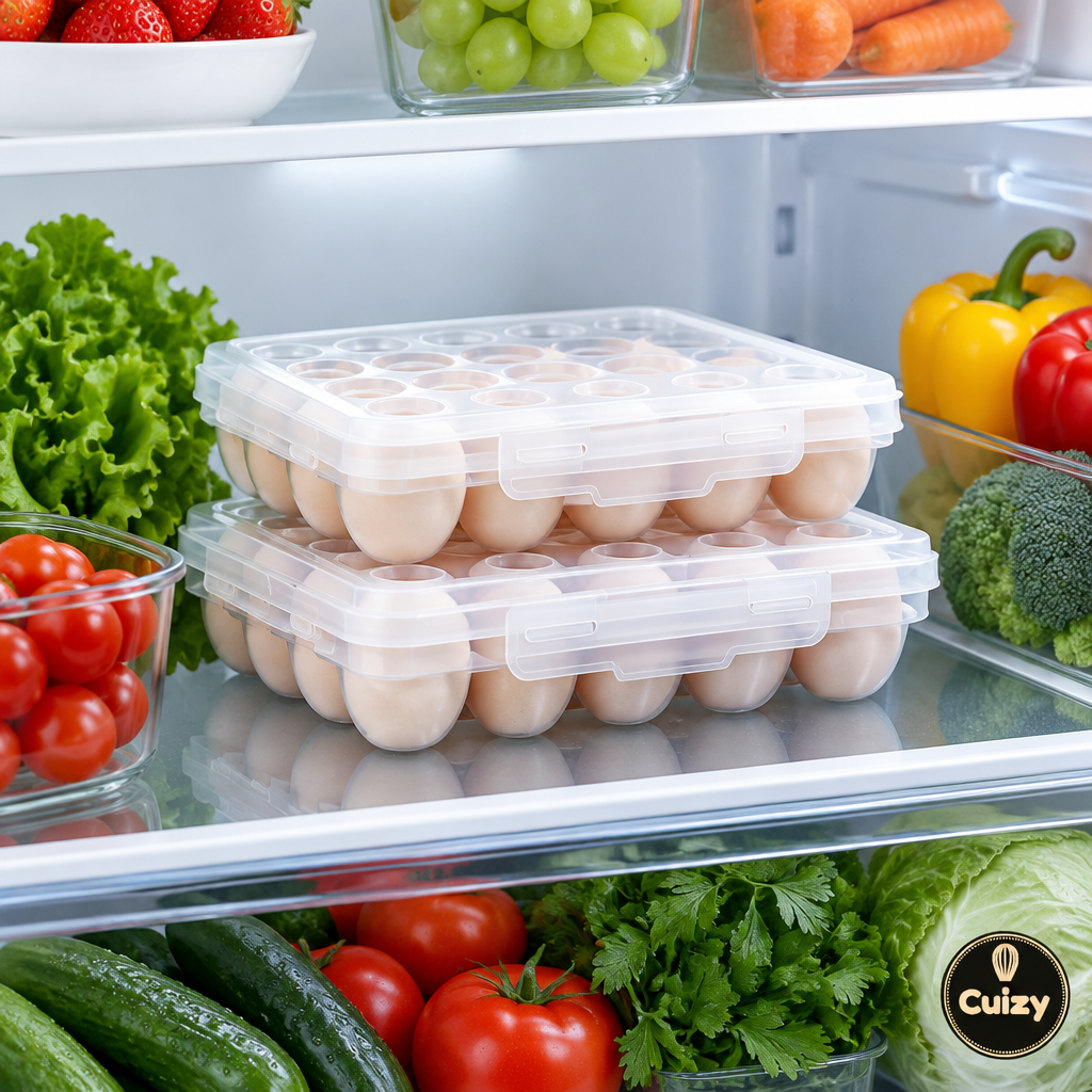 Boîtes à œufs empilées dans le frigo
