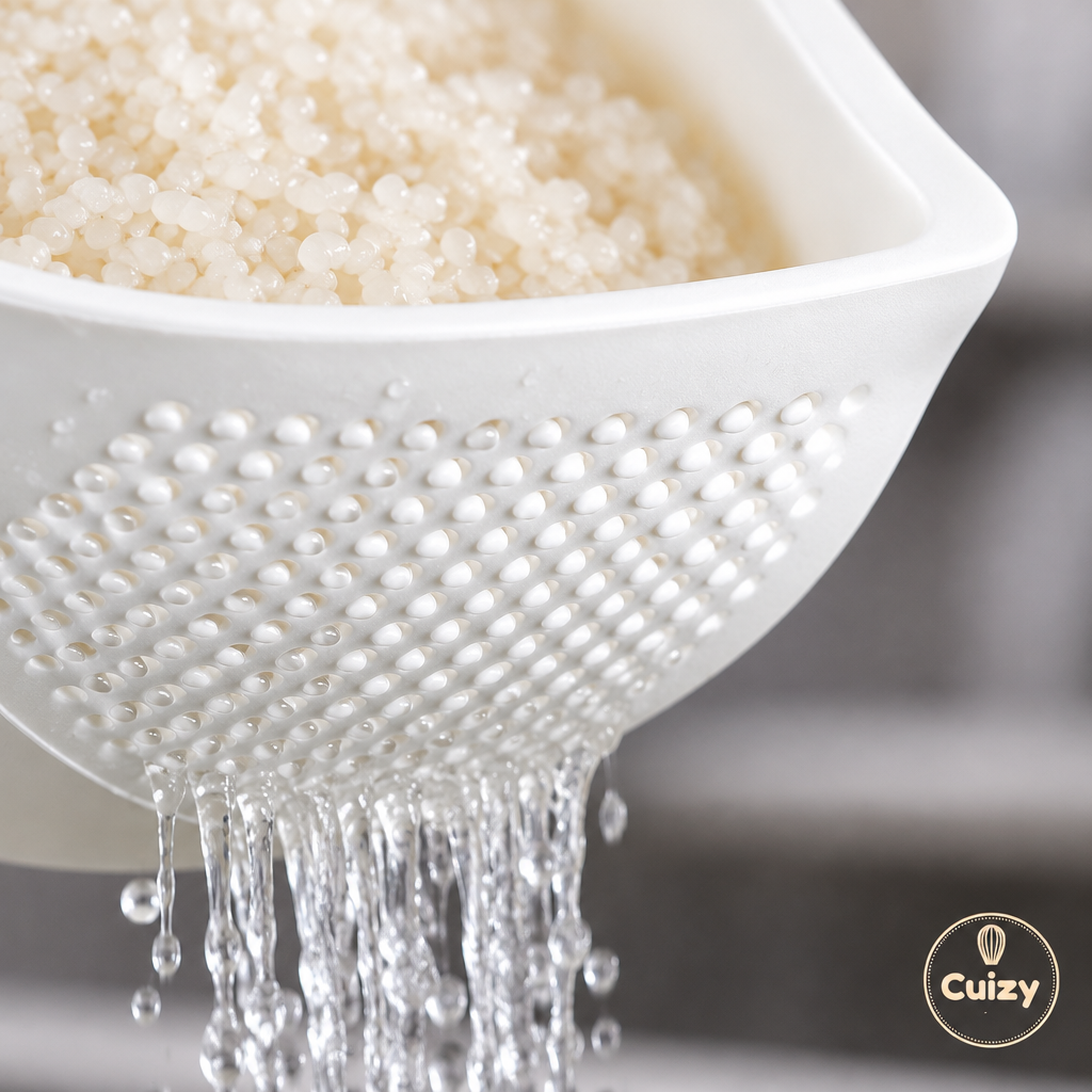 Détail des fentes d'égouttage du bol passoire