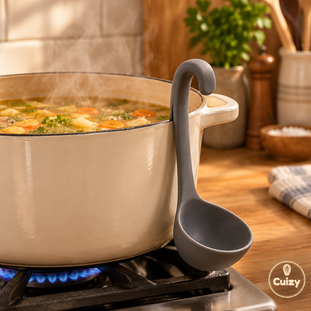 Louche accrochée au bord de la casserole