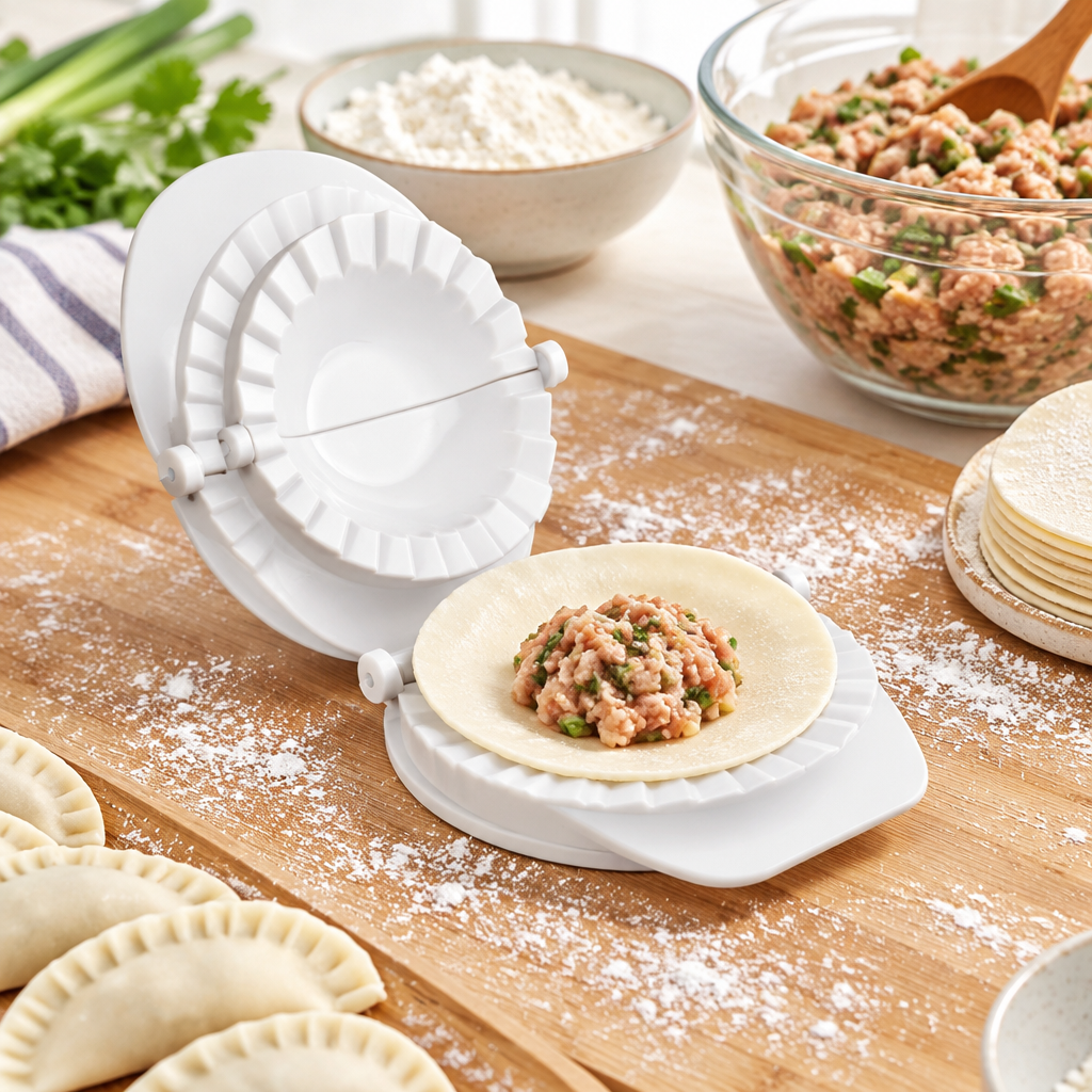 Presse à raviolis ouverte avec pâte et farce sur planche farinée