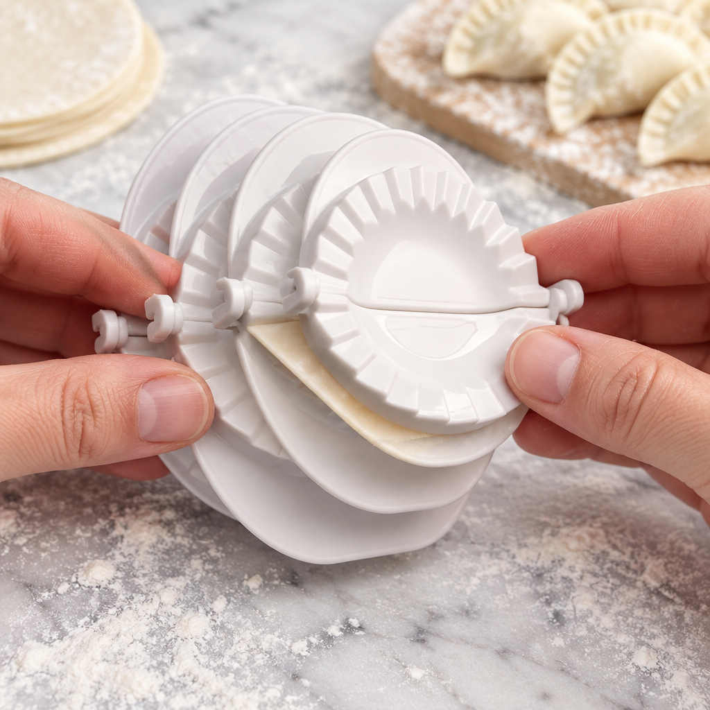 Mains refermant la presse à raviolis sur une pâte