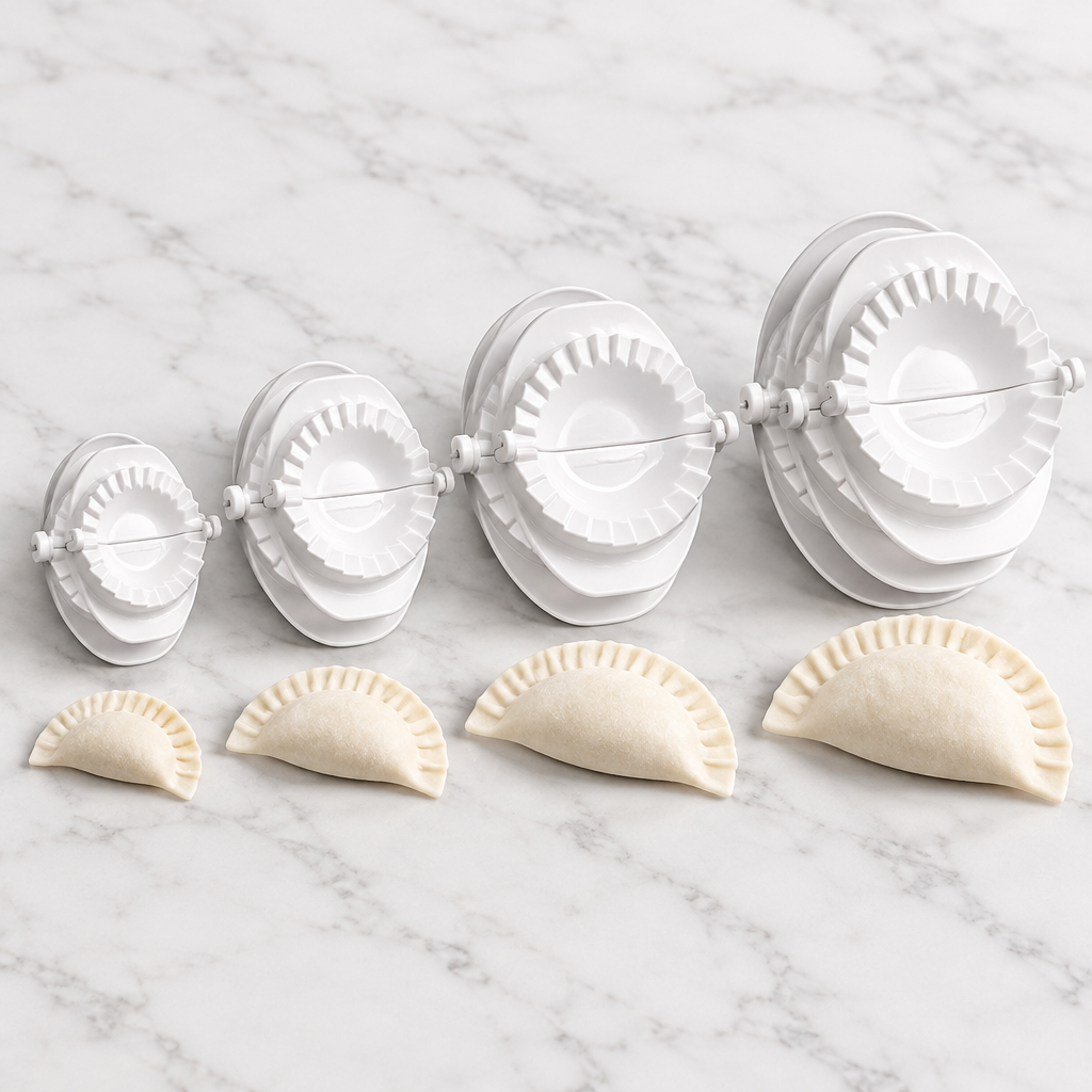 Les 4 tailles de presses à raviolis Cuizy Dumpling avec leurs raviolis