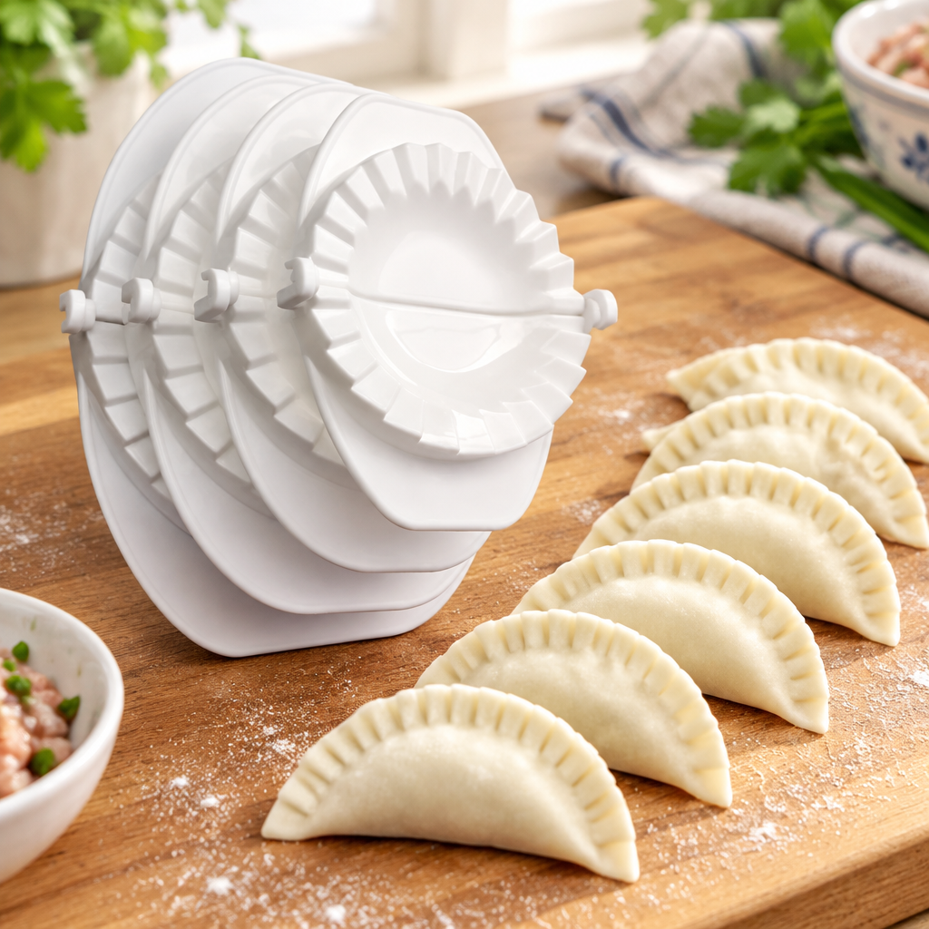 Gyozas maison alignés à côté de la presse Cuizy Dumpling