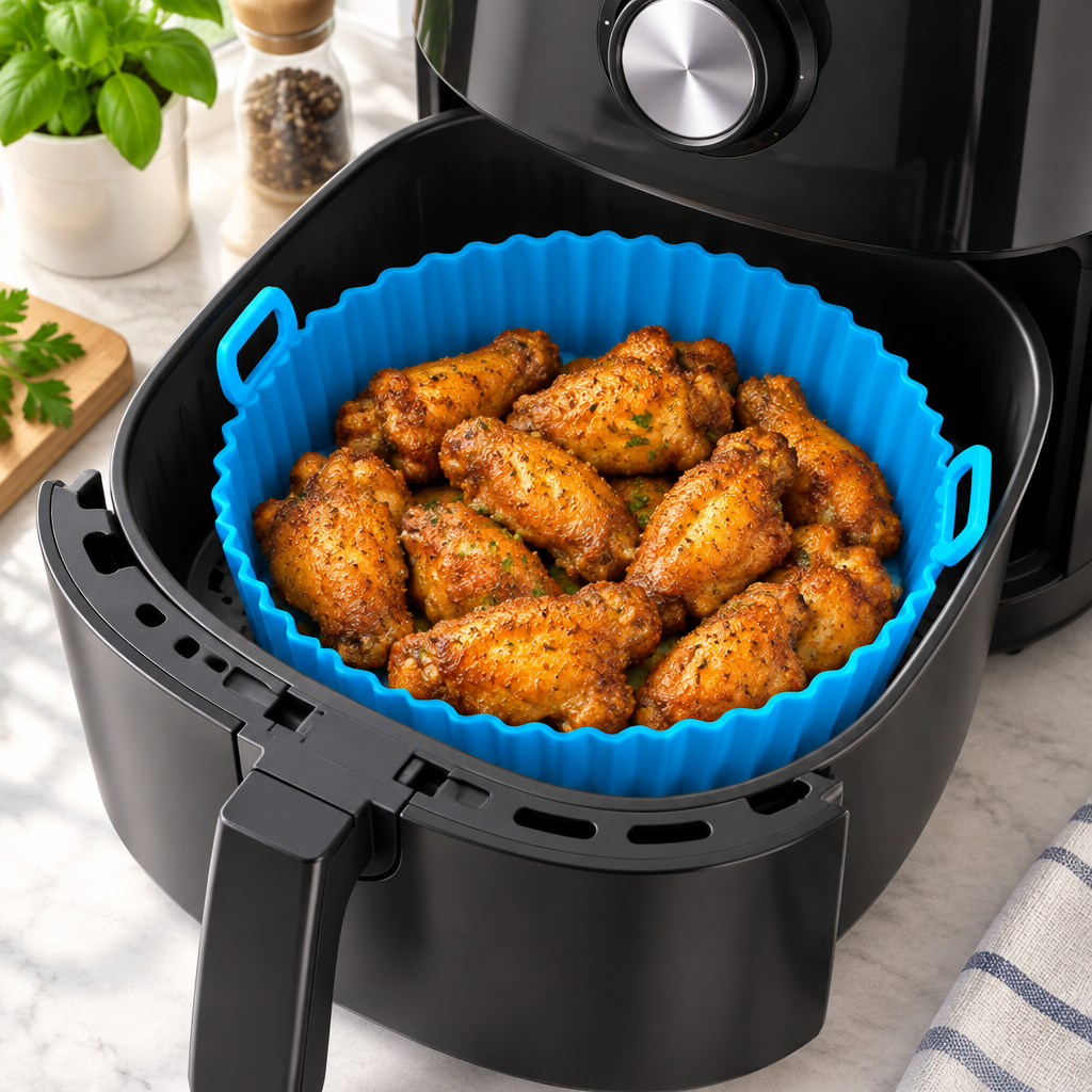 Panier silicone bleu dans une friteuse à air avec des ailes de poulet
