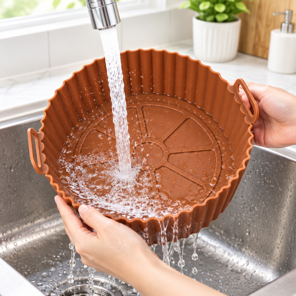Panier silicone rincé sous le robinet, facile à laver