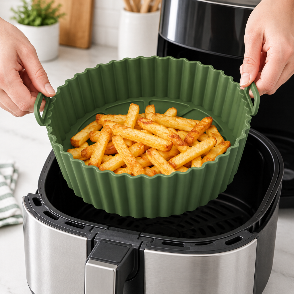 Panier silicone vert sorti de la friteuse par ses poignées