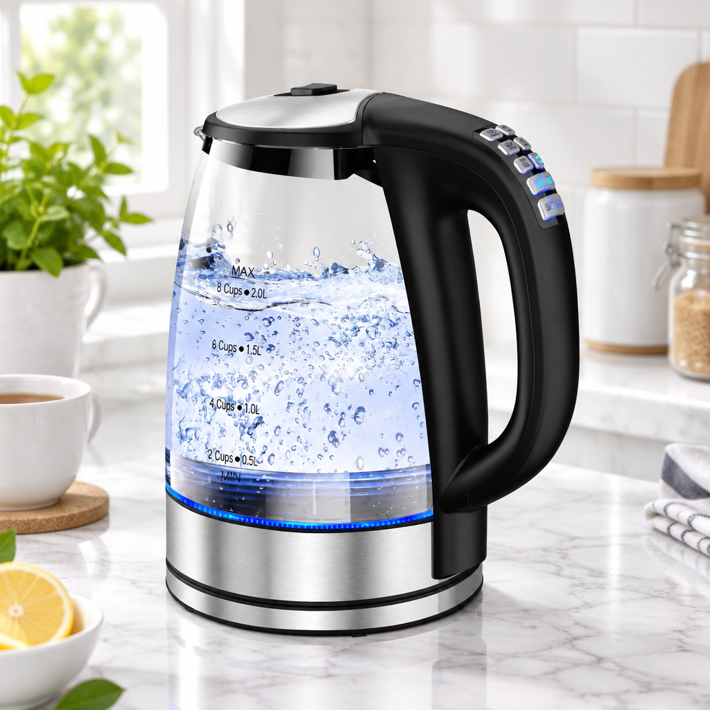 Cuizy Kettle Pro bouilloire en verre sur plan de travail en marbre