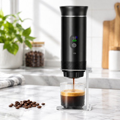 Cuizy Go Espresso machine à café portable sur plan de travail en marbre