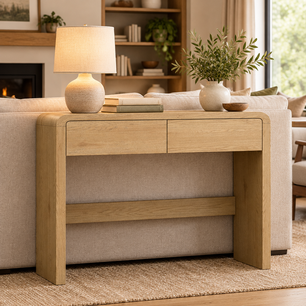 Console Cuizy en bois naturel 2 tiroirs derrière un canapé dans le salon