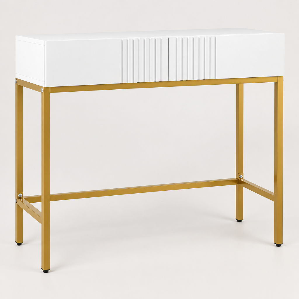 Console Cuizy blanche à pieds dorés et 2 tiroirs sur fond clair