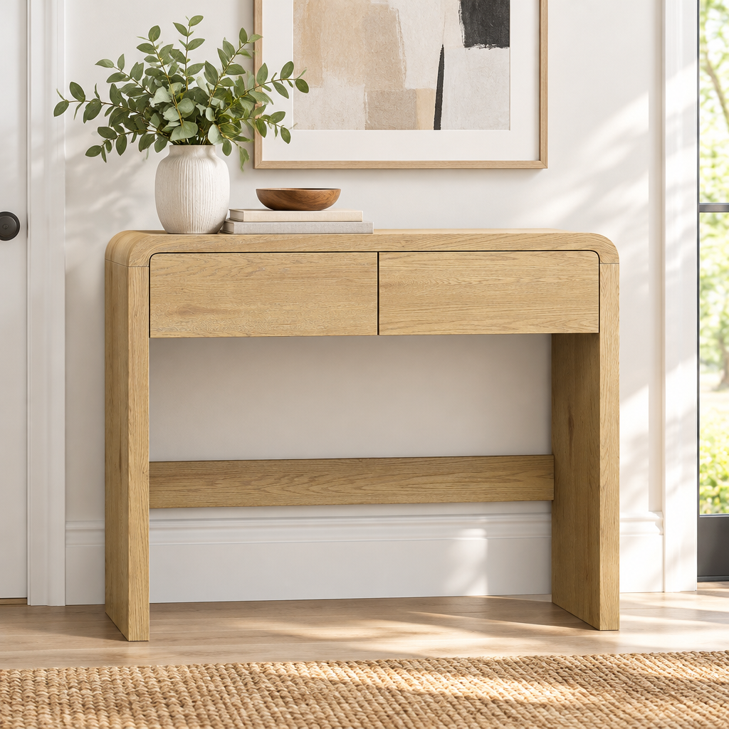 Console Cuizy en bois naturel 2 tiroirs en entrée lumineuse