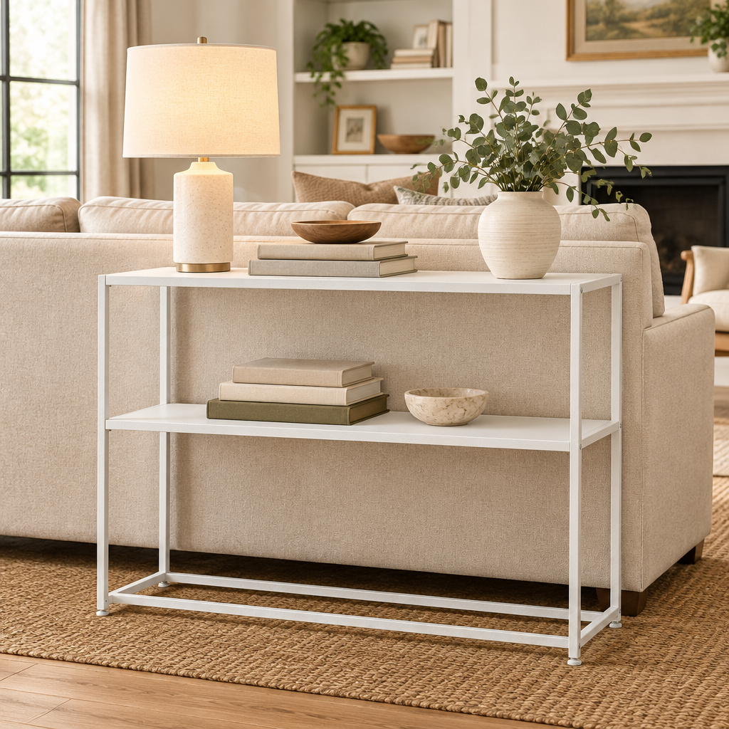 Console Cuizy blanche 2 étagères derrière un canapé dans le salon