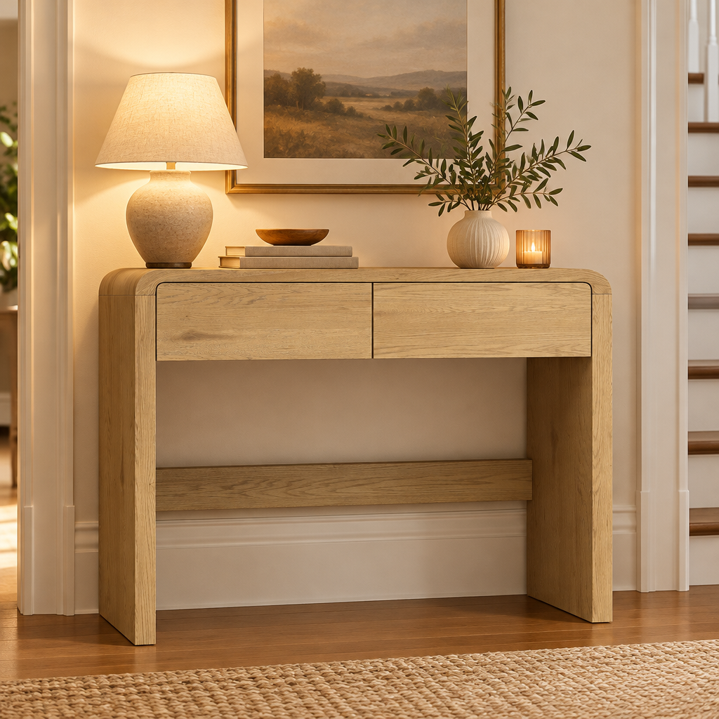 Console Cuizy en bois naturel 2 tiroirs dans un couloir décoré