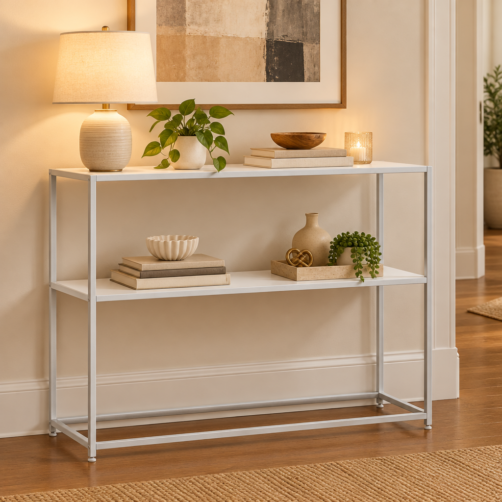 Console Cuizy blanche 2 étagères dans un couloir décoré