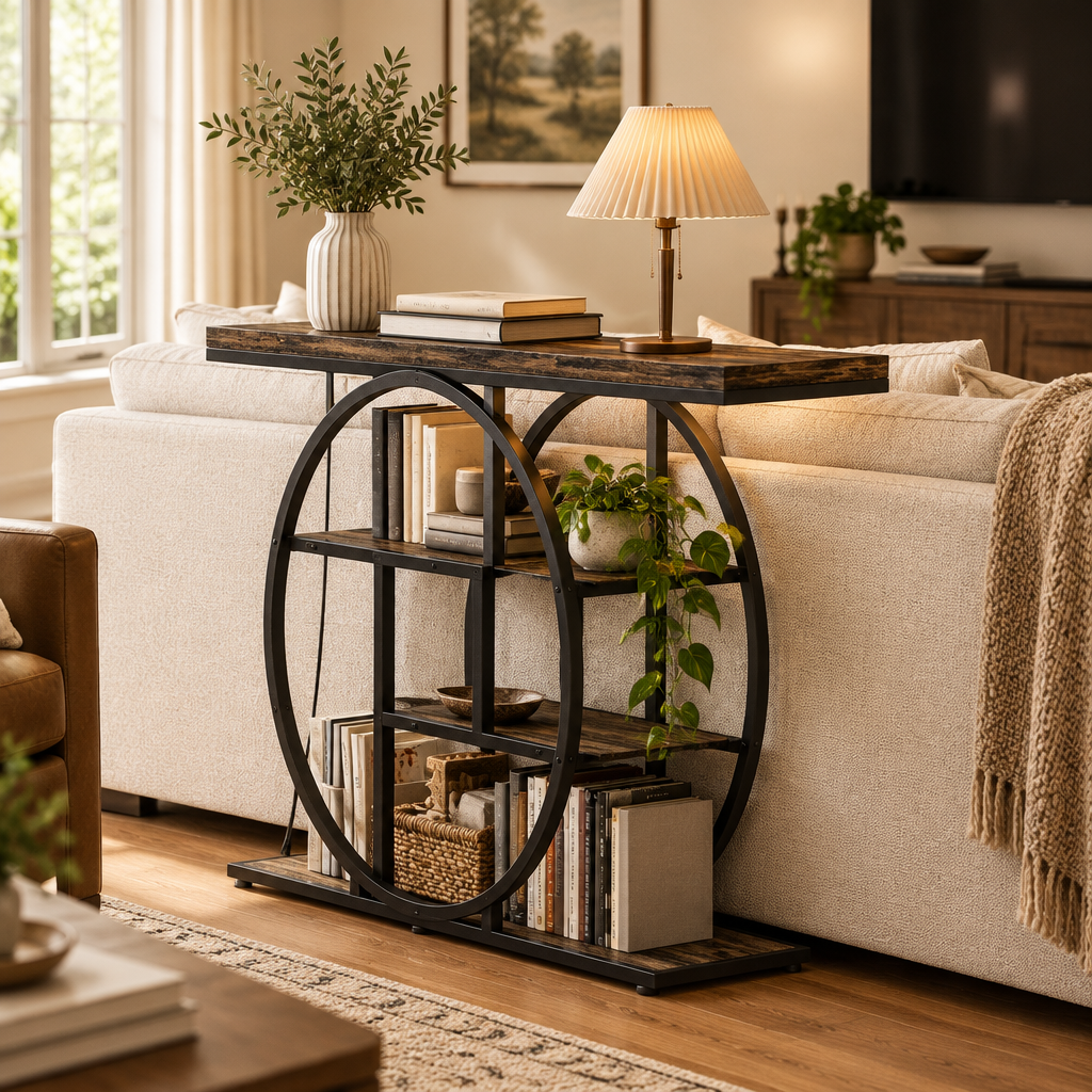 Console Cuizy ronde à 4 niveaux et LED derrière un canapé dans le salon