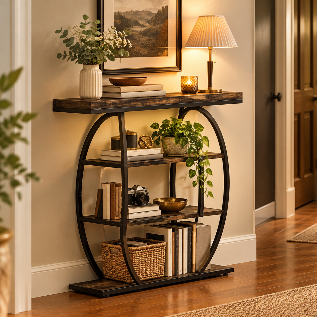 Console Cuizy ronde à 4 niveaux et LED dans un couloir décoré