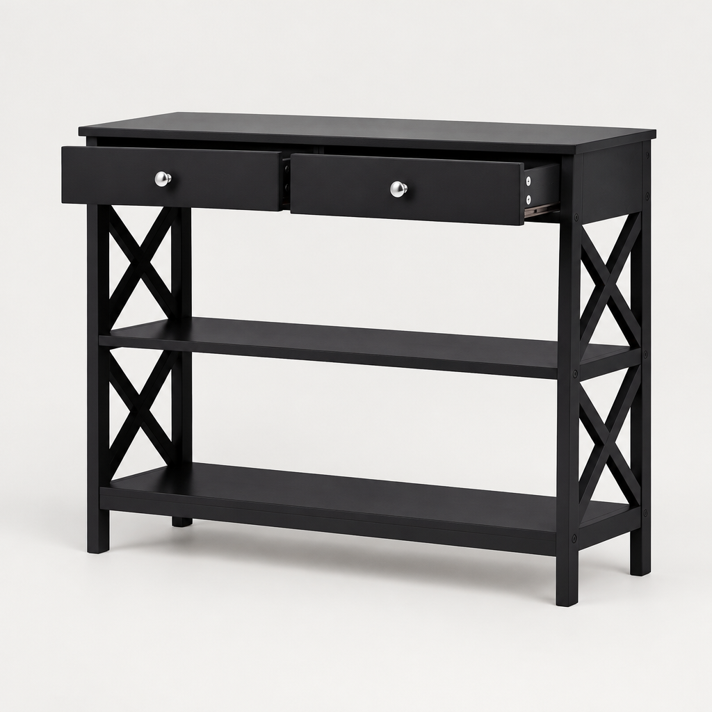 Console Cuizy noire néo-rétro 2 tiroirs 2 étagères sur fond clair