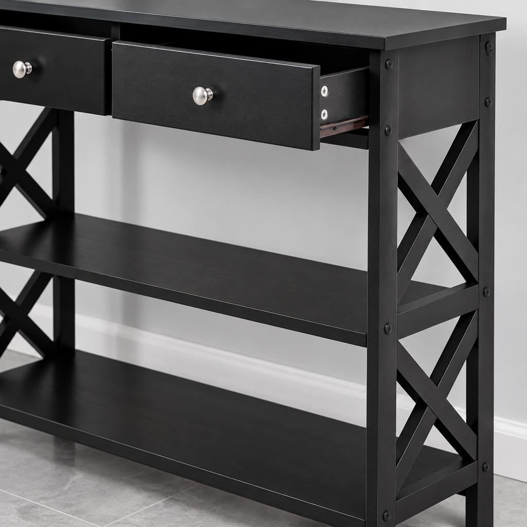 Console Cuizy noire néo-rétro 2 tiroirs 2 étagères vue rapprochée des matériaux