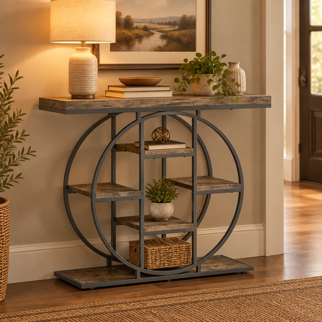 Console Cuizy ronde industrielle 6 étagères dans un couloir décoré