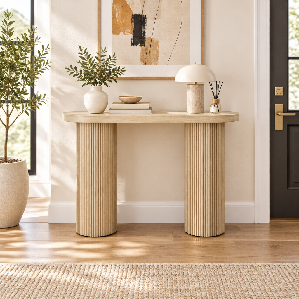 Console Cuizy cannelée chêne à pieds colonnes en entrée lumineuse