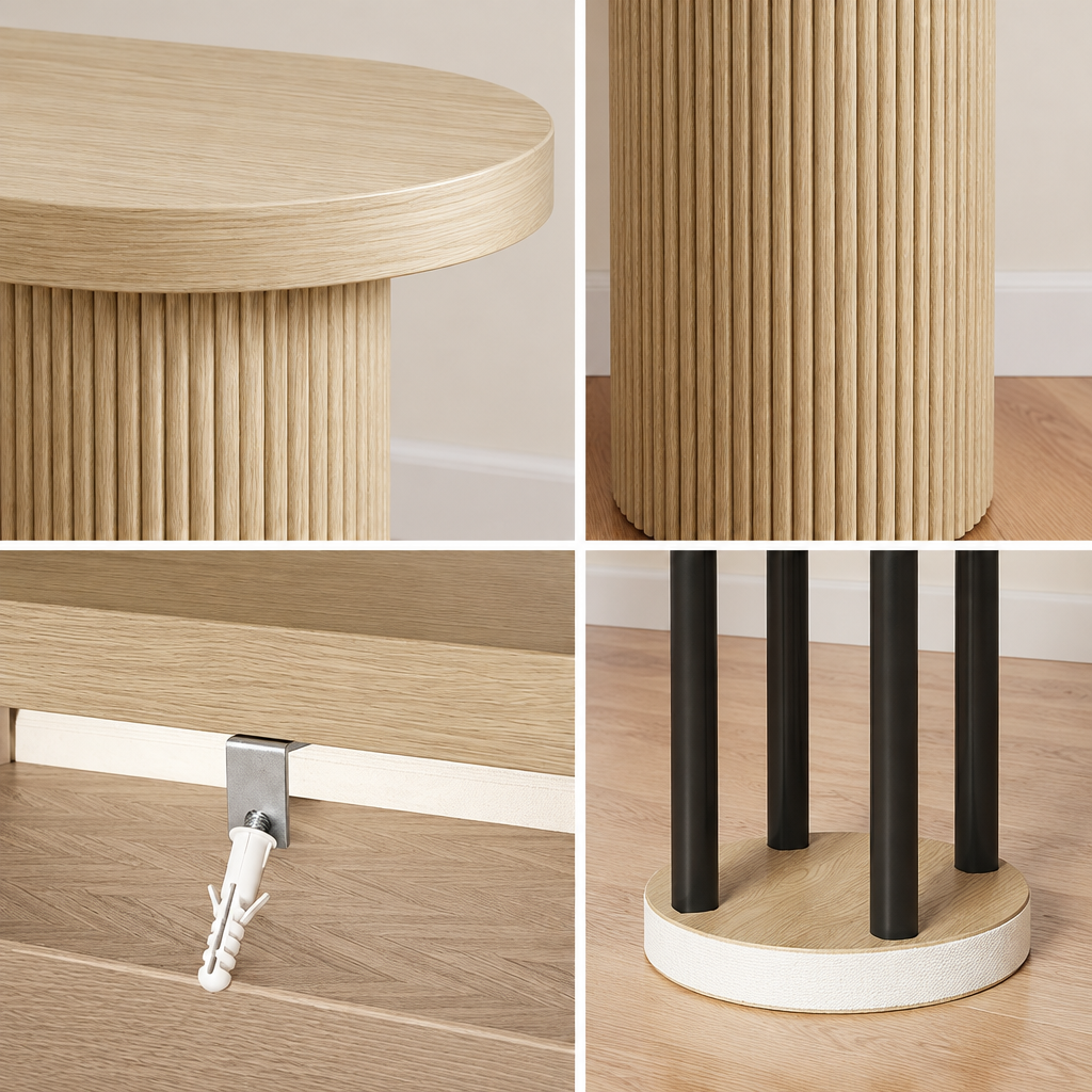 Console Cuizy cannelée chêne à pieds colonnes vue rapprochée des matériaux