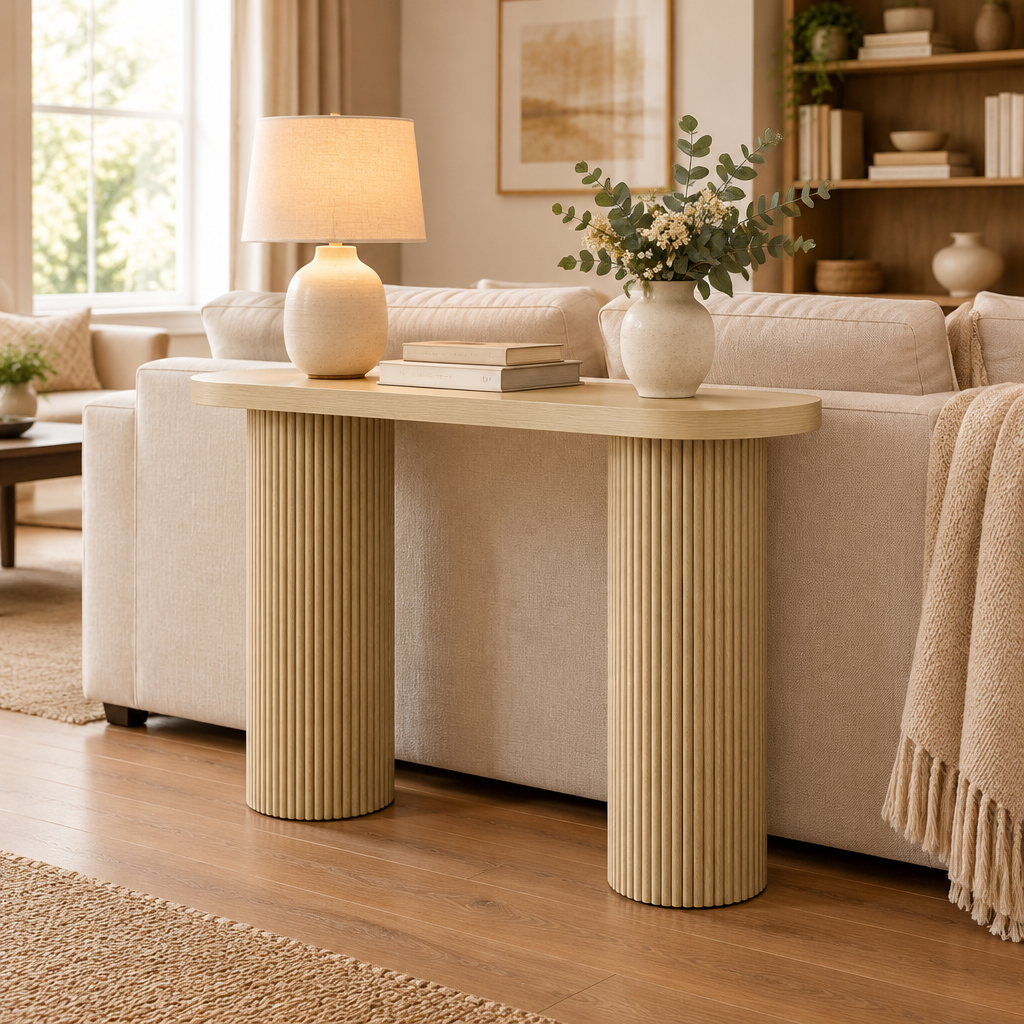 Console Cuizy cannelée chêne à pieds colonnes derrière un canapé dans le salon