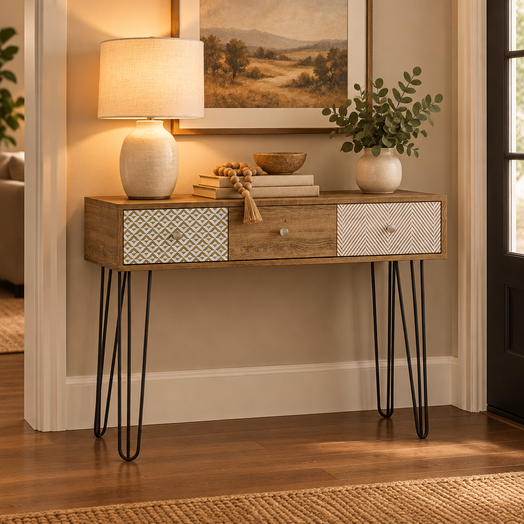 Console Cuizy 3 tiroirs pieds épingle dans un couloir décoré