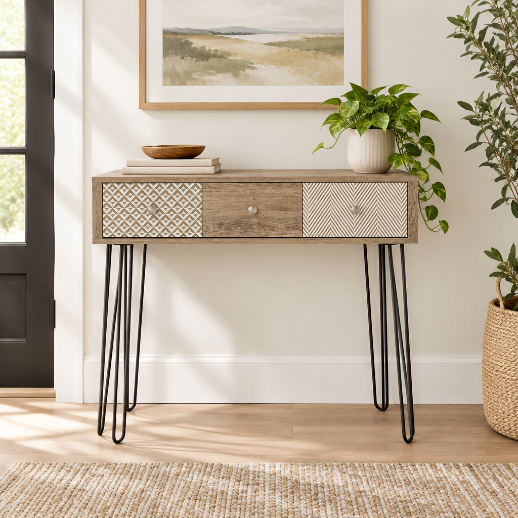 Console Cuizy 3 tiroirs pieds épingle en entrée lumineuse