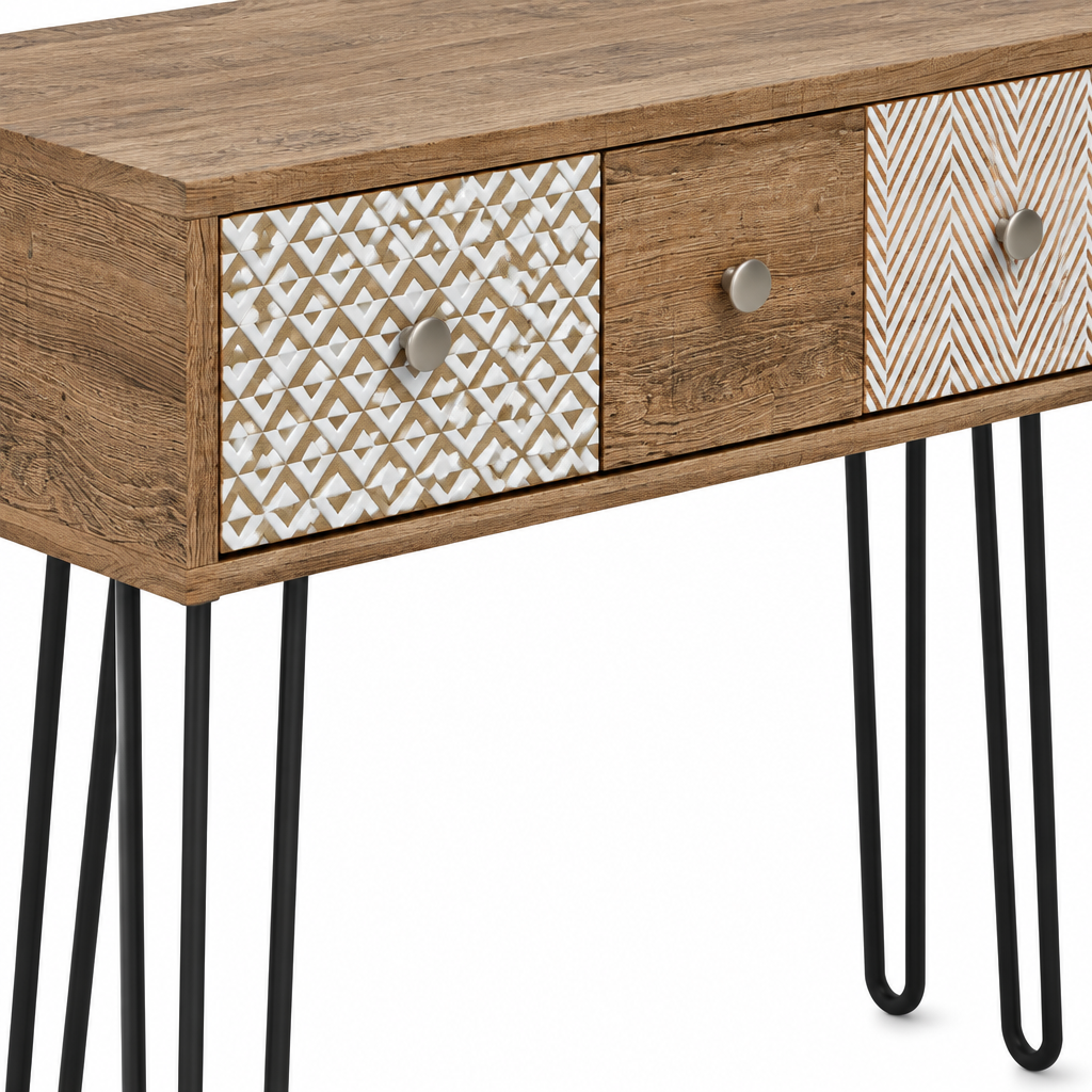 Console Cuizy 3 tiroirs pieds épingle vue rapprochée des matériaux