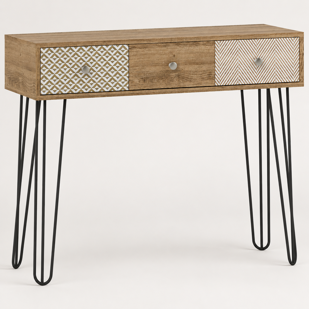 Console Cuizy 3 tiroirs pieds épingle sur fond clair