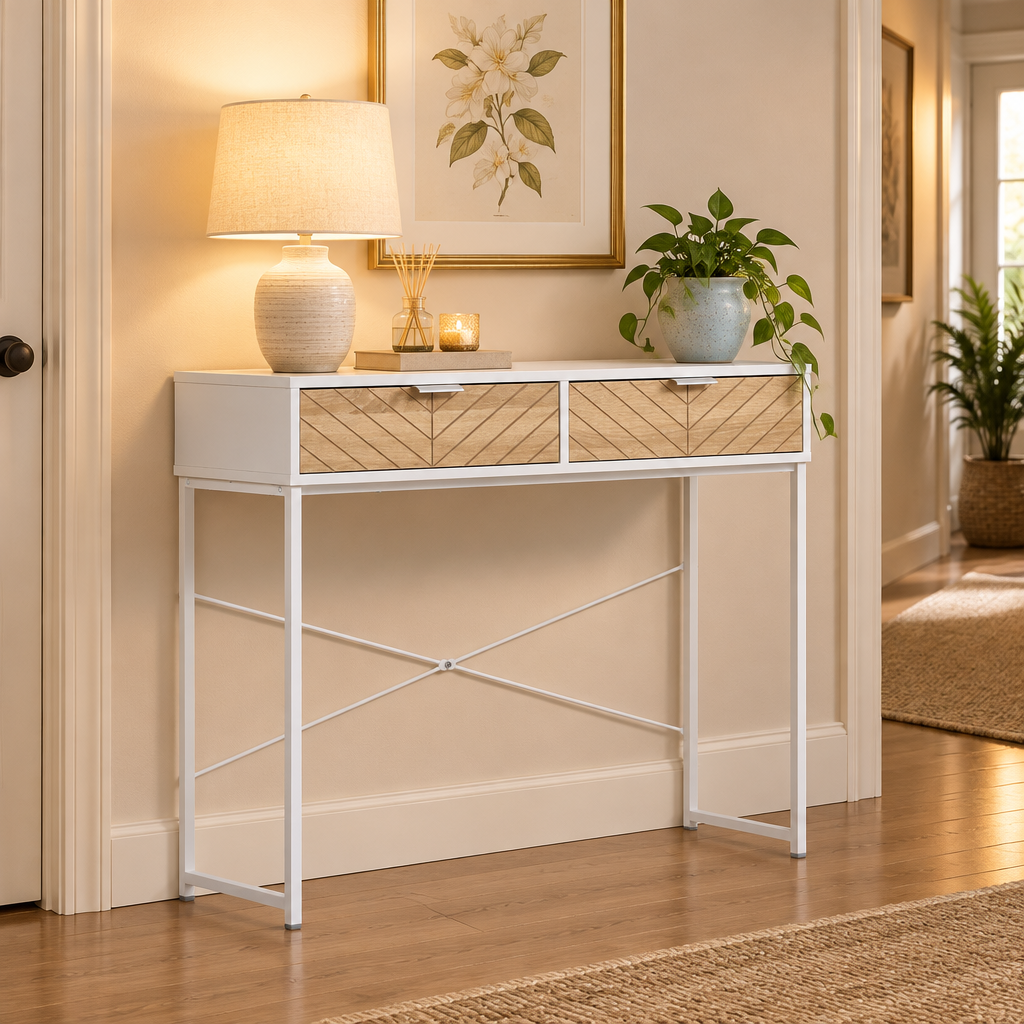 Console Cuizy blanche 2 tiroirs motif chevrons dans un couloir décoré