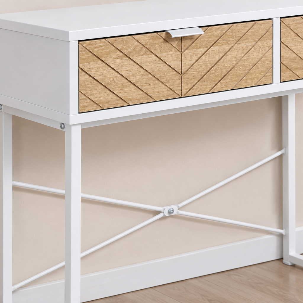 Console Cuizy blanche 2 tiroirs motif chevrons vue rapprochée des matériaux