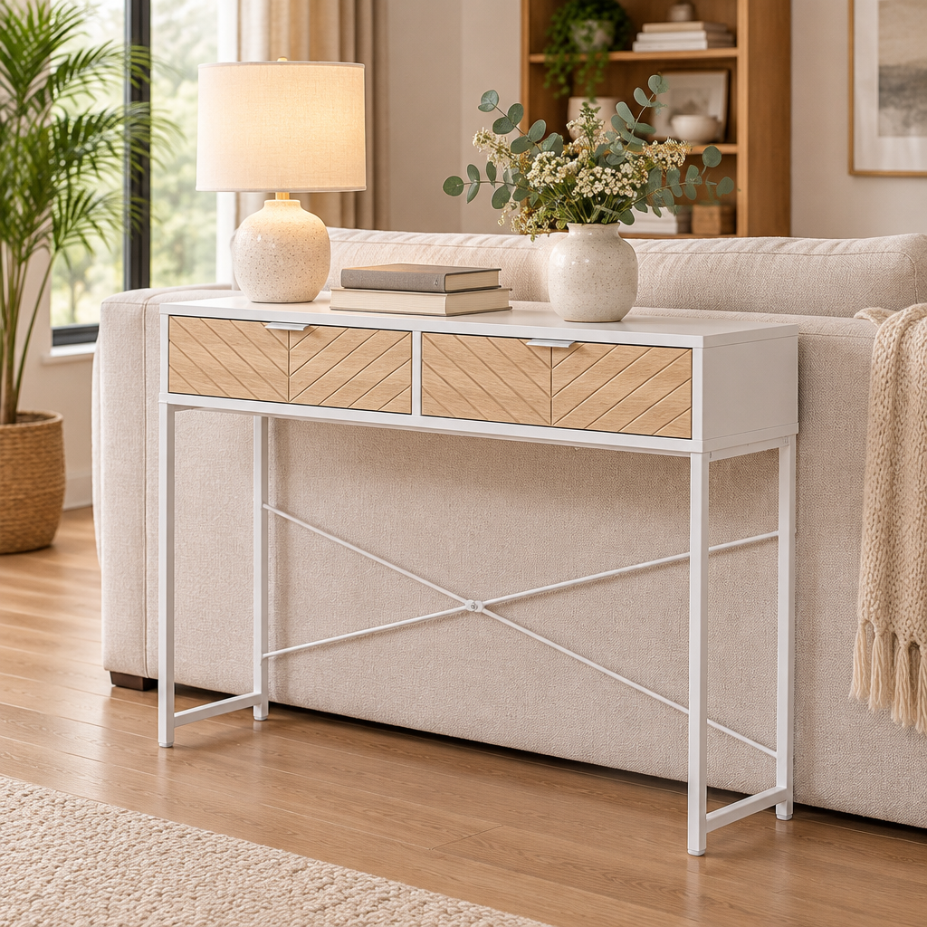 Console Cuizy blanche 2 tiroirs motif chevrons derrière un canapé dans le salon