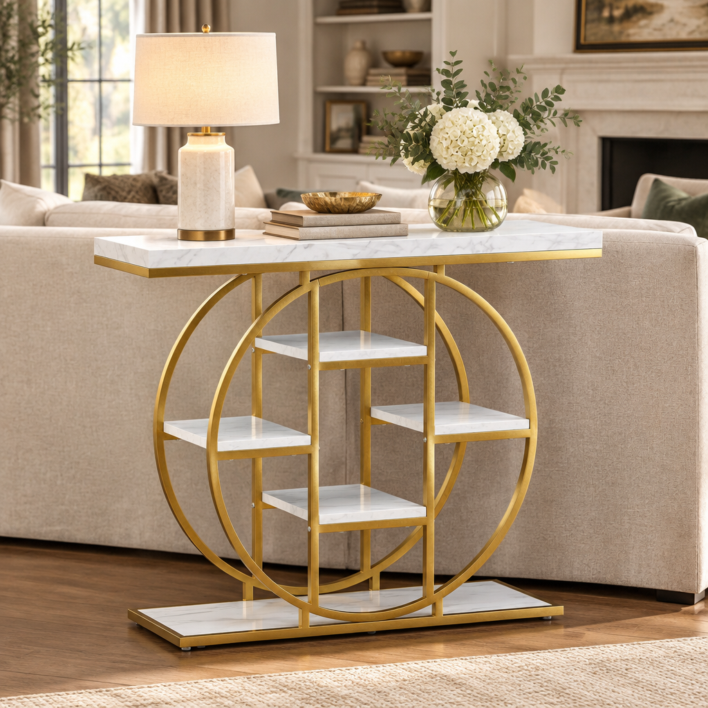 Console Cuizy ronde 6 étagères blanche et dorée derrière un canapé dans le salon