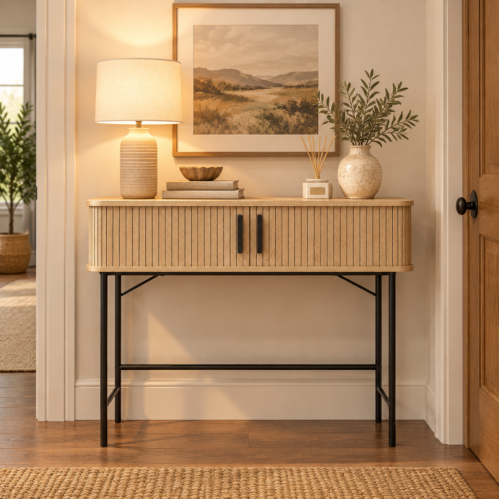 Console Cuizy à portes coulissantes chêne et noir dans un couloir décoré