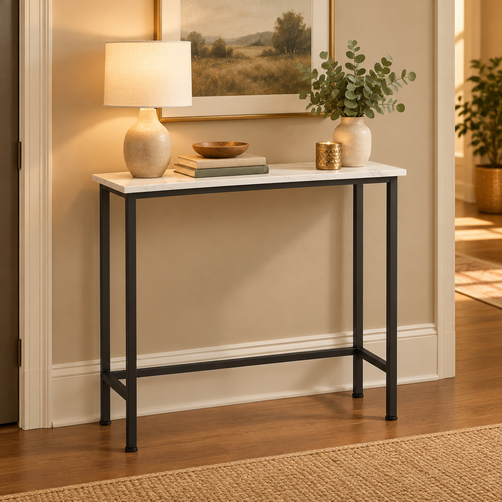 Console Cuizy effet marbre 75 cm dans un couloir décoré