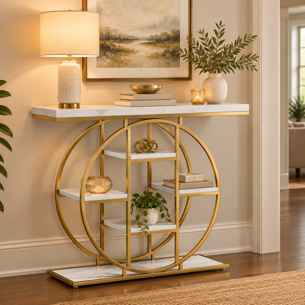 Console Cuizy ronde 6 étagères blanche et dorée dans un couloir décoré