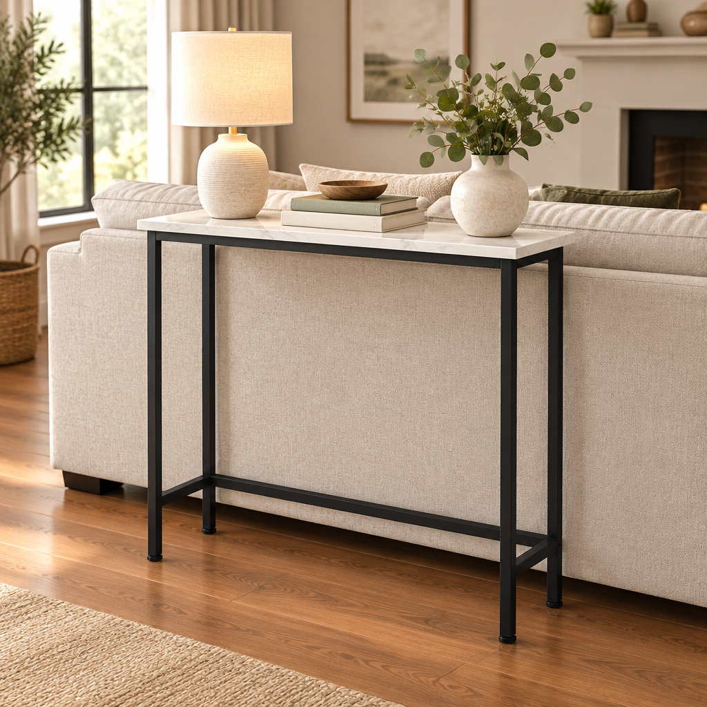Console Cuizy effet marbre 75 cm derrière un canapé dans le salon