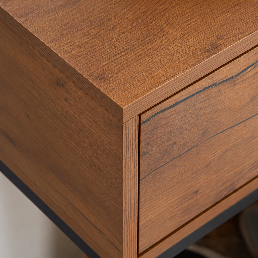Console Cuizy marron avec tiroir pieds acier vue rapprochée des matériaux
