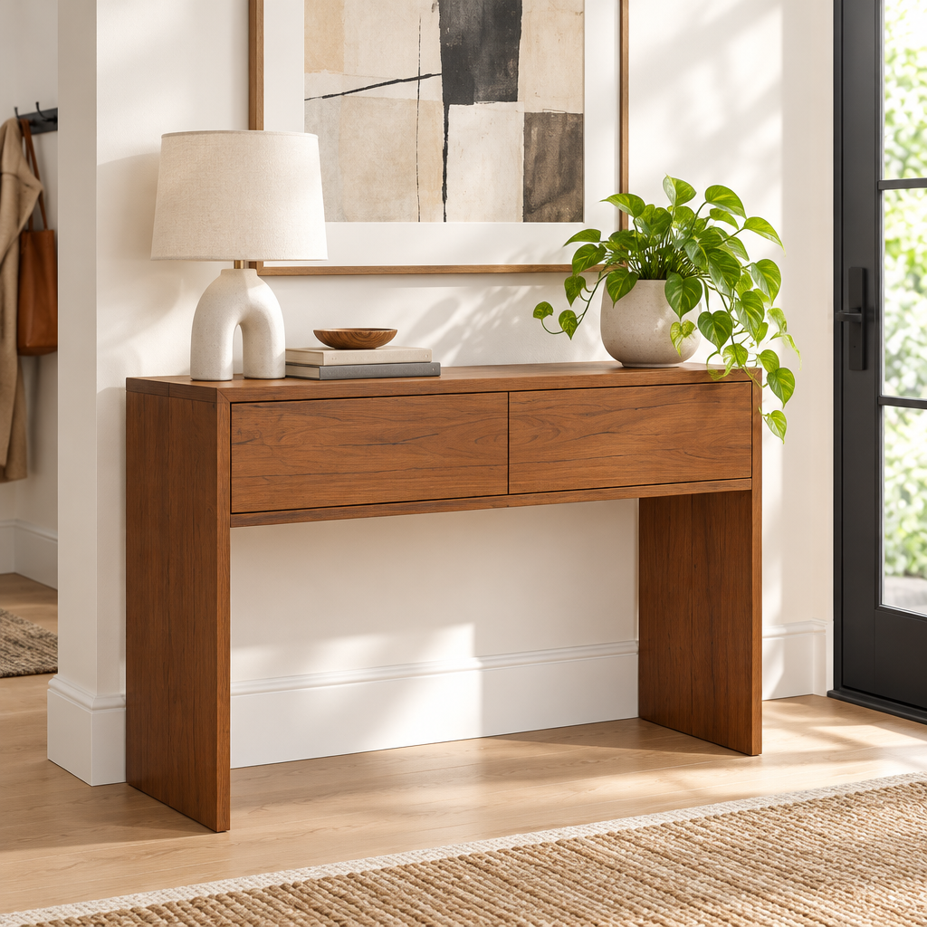 Console Cuizy marron avec tiroir pieds acier en entrée lumineuse