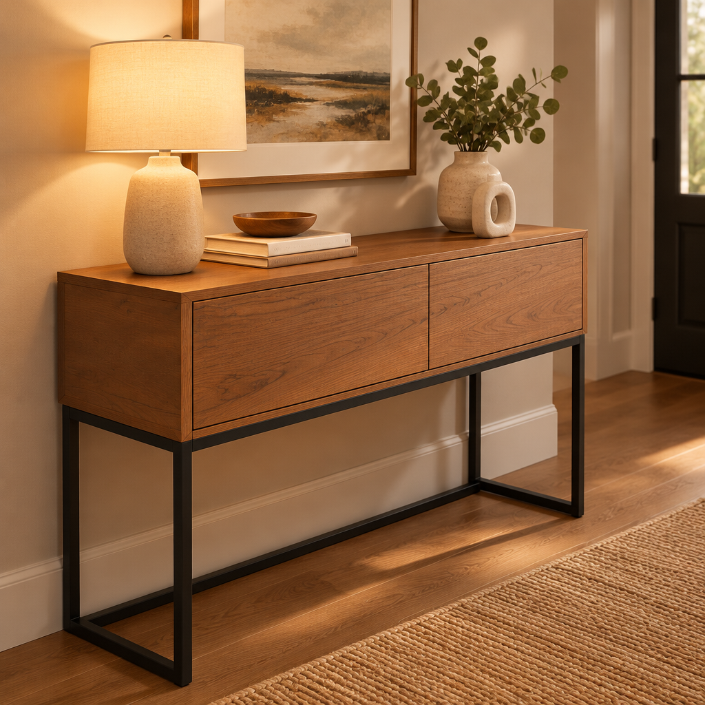 Console Cuizy marron avec tiroir pieds acier dans un couloir décoré