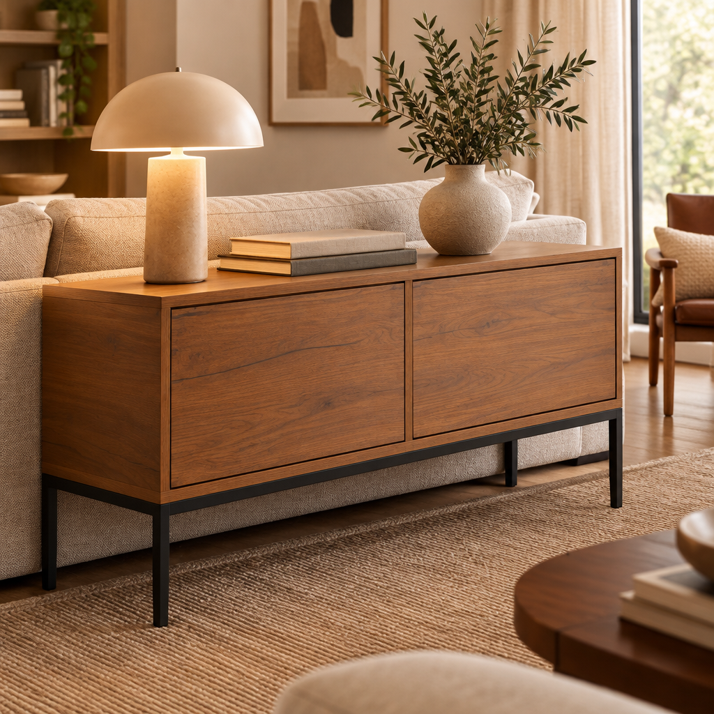 Console Cuizy marron avec tiroir pieds acier derrière un canapé dans le salon