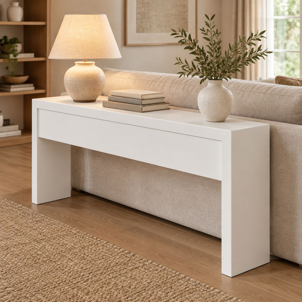 Console Cuizy blanche néo-rétro 2 tiroirs derrière un canapé dans le salon