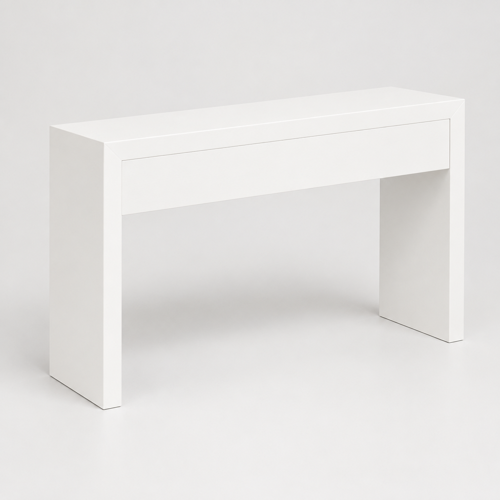 Console Cuizy blanche néo-rétro 2 tiroirs sur fond clair