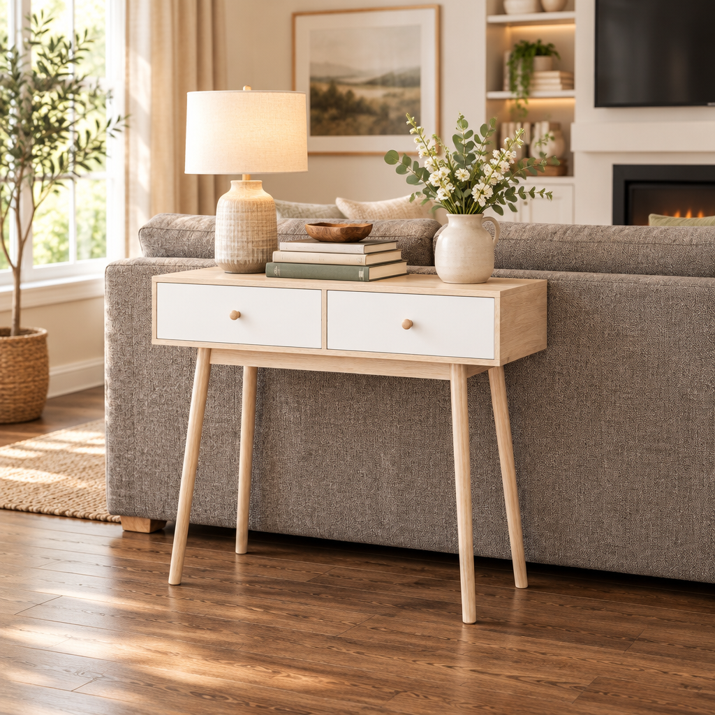Console Cuizy chêne et blanc 2 tiroirs pieds bois derrière un canapé dans le salon