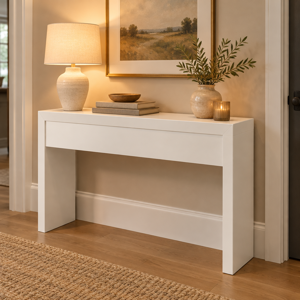 Console Cuizy blanche néo-rétro 2 tiroirs dans un couloir décoré